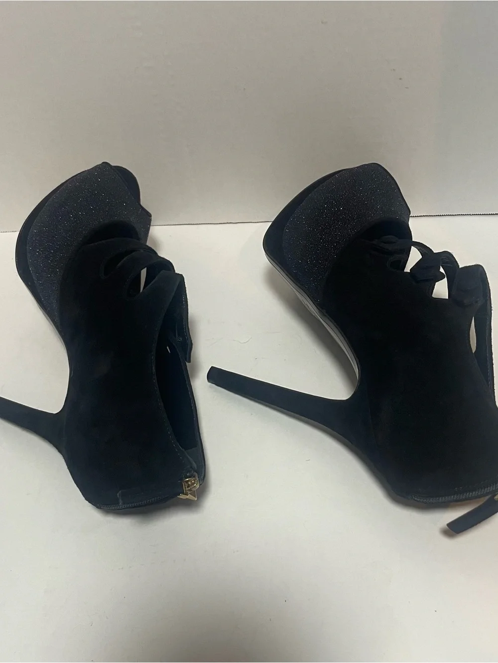 Fendi Black Suede Glitter Peep Toe Platform Booties EU 38.5
